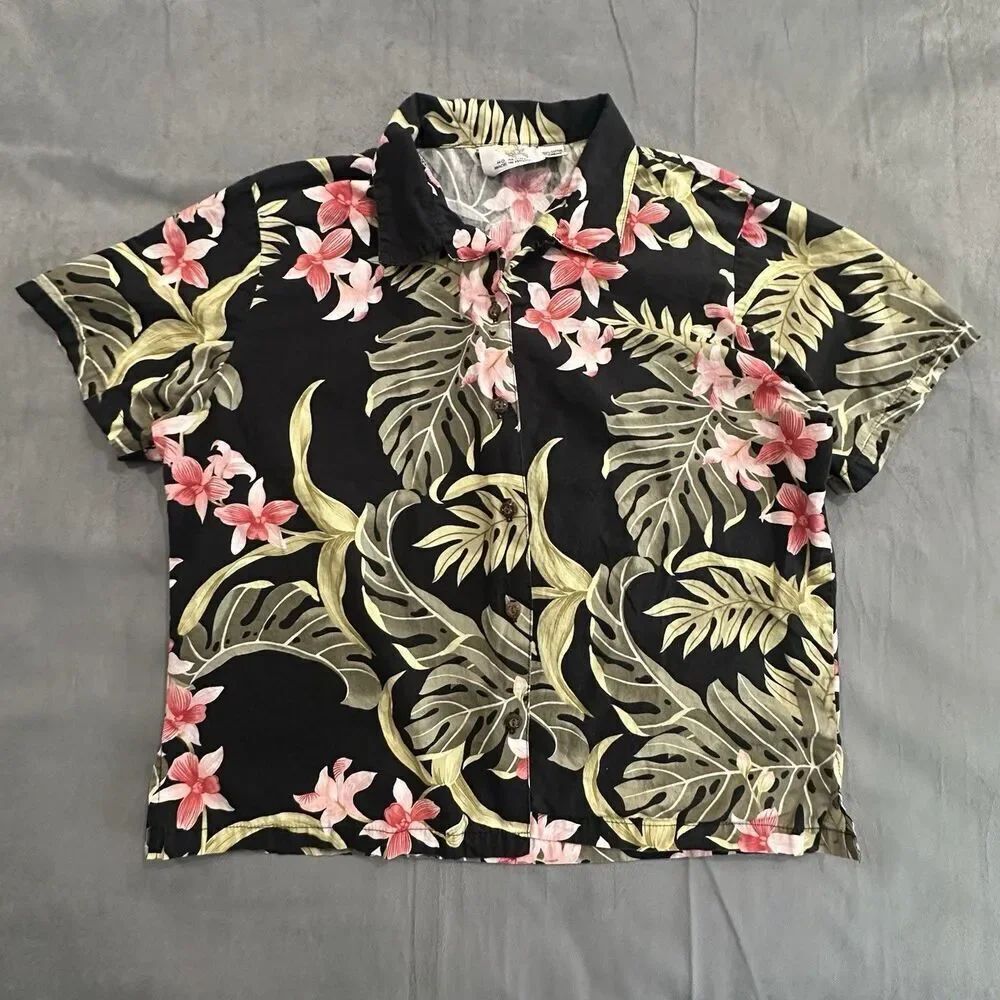Vintage Ho Aloha Shirt Men's Medium Floral Flowers Made In Hawaii Black Button